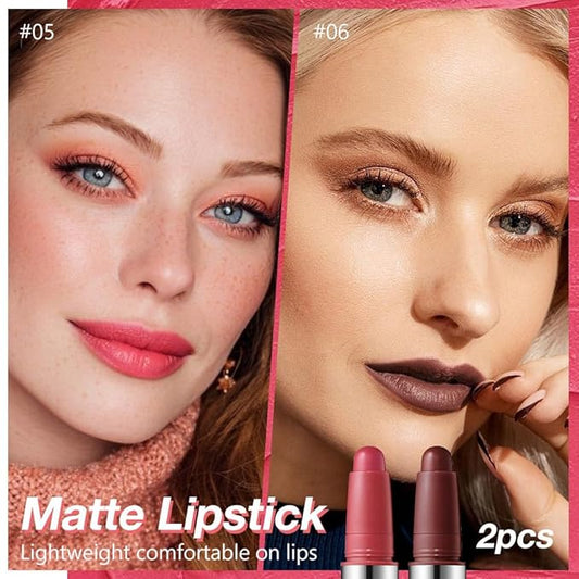 2Pcs Matte Lipstick Crayon - High Pigment Creamy Formula, Waterproof Long Lasting, Smooth Glide Application, Non-Sticklipstick, Ultra Thin Lightweight, Velvet Matte Lip Feel for Women 05#+06#