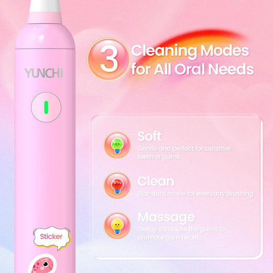 YUNCHI K5 Kids Electric Toothbrush Rechargeable with Waterproof Stickers, 3 Modes with 2 Minutes Timer, Toddler Children Sonic Toothbrush for Girls Ages 3-12, 4 Replacement Heads Soft Bristles, Pink
