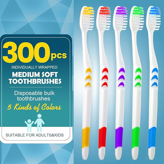 Navona 300 PCS Premium Individually Wrapped Bulk Toothbrush Pack, Disposable Toothbrushes, Kids Toothbrush, Medium Soft Bristle Toothbrushes, Ergonomics Handle, Perfect for Travel Hotel Donation