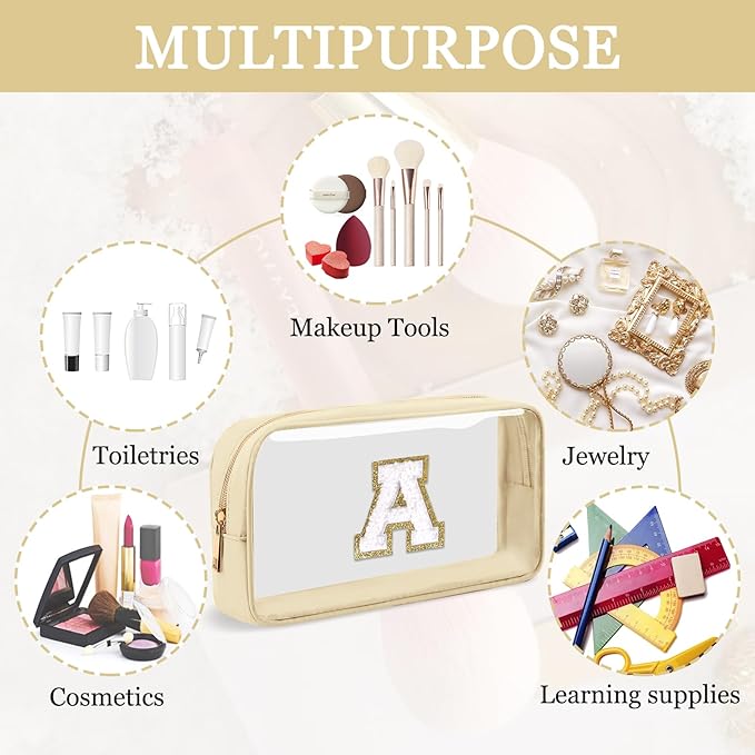 Small Clear Personalized Initial Makeup Bag,Nylon Preppy A-Z Chenille Letter Patch Cosmetic Pouch Beach Toiletry Bag,Waterproof Zipper Travel Purse Storage Bag Organizer for Women Girls(Beige-White A)