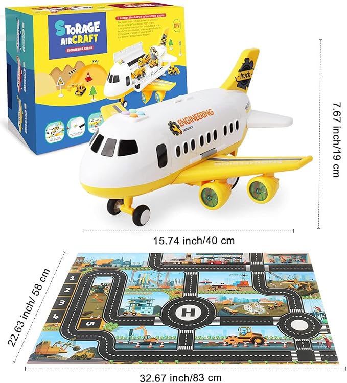 Dwi Dowellin Construction Toy Airplane Set/Play Mat,Excavator,Bulldozer,Mixer,Dumper Truck,Forklift,Crane,Alloy Metal Car Toys for 3 4 5 6 Years Old Toddlers Kids Boys & Girls(Large)