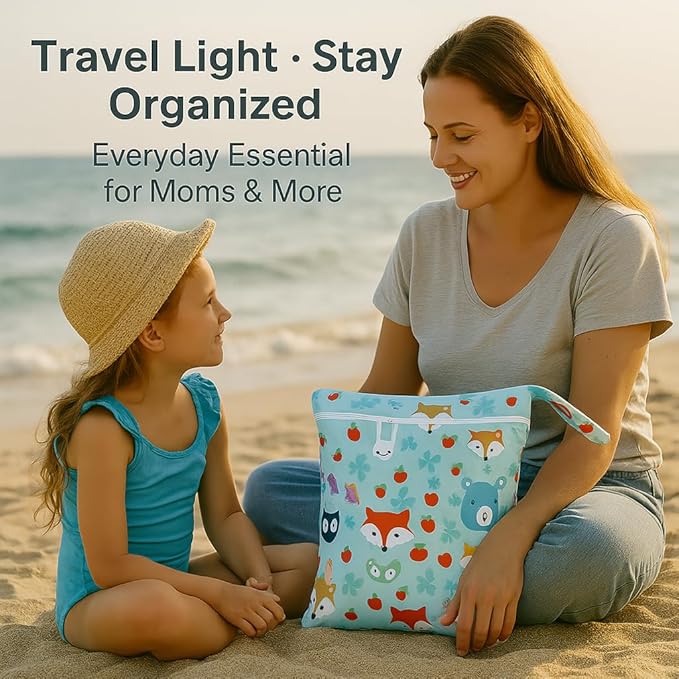 Waterproof Wet Dry Bag, Reusable Diaper Pouch with Zipper, Machine Washable Travel Organizer for Beach, Daycare, Kids, Dinosaur Pattern (Red Fox)