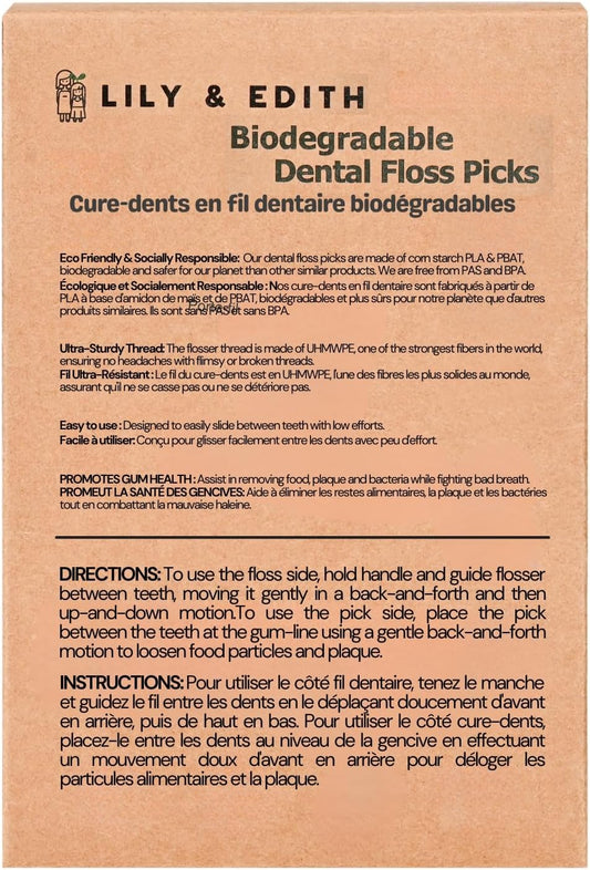 LILY & EDITH Plant Based Dental Floss Picks Adults and Kids 300 Counts, Fluoride-Free, Plant Based Straw Wheat, Earth Friend, Zero Waste Package, Shred Resistant (Unflavored)