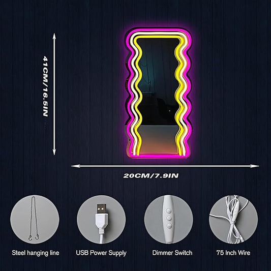 LED Mirror Neon Lights Light Up Dressing Mirror Cat/Shine Heart/Bat/Butterfly Shape Neon Mirror Sign for Modern Home Girl Room Bathroom Salon Wall Art Decor Gift For Girlfriend USB Powered