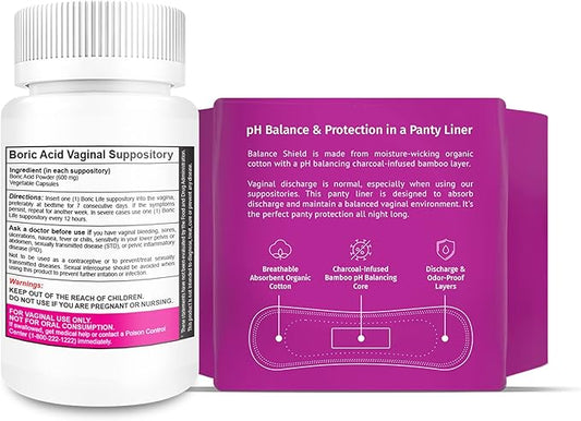 NutraBlast Boric Acid Vaginal Suppositories 600mg (30 Count) Bundle with Balance Shield Panty Liners (180mm, 20-Pack) | Discharge & Odor-Proof Layers | Charcoal-Infused Bamboo Balancing Core