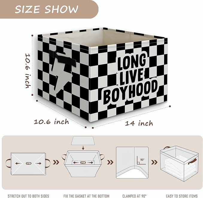 Long Live Boyhood Foldable Storage Bins Box with Handles, Black and White Checkered Collapsible Organizer Basket for Kids Boys Bedroom Bathroom Nursery Playroom Clothes Toys Books