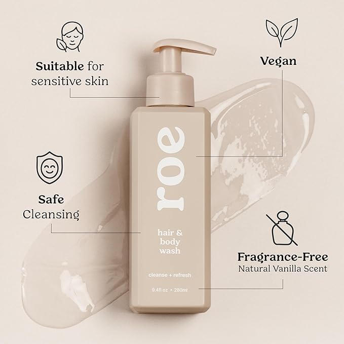 Roe Wellness- Toddler & Baby Body Wash & Shampoo Moisturizing Clean Ingredients | Suitable for Sensitive Skin, Fragrance-Free, Natural Vanilla Scent, Fresh Cleaning | 9.4 fl oz.