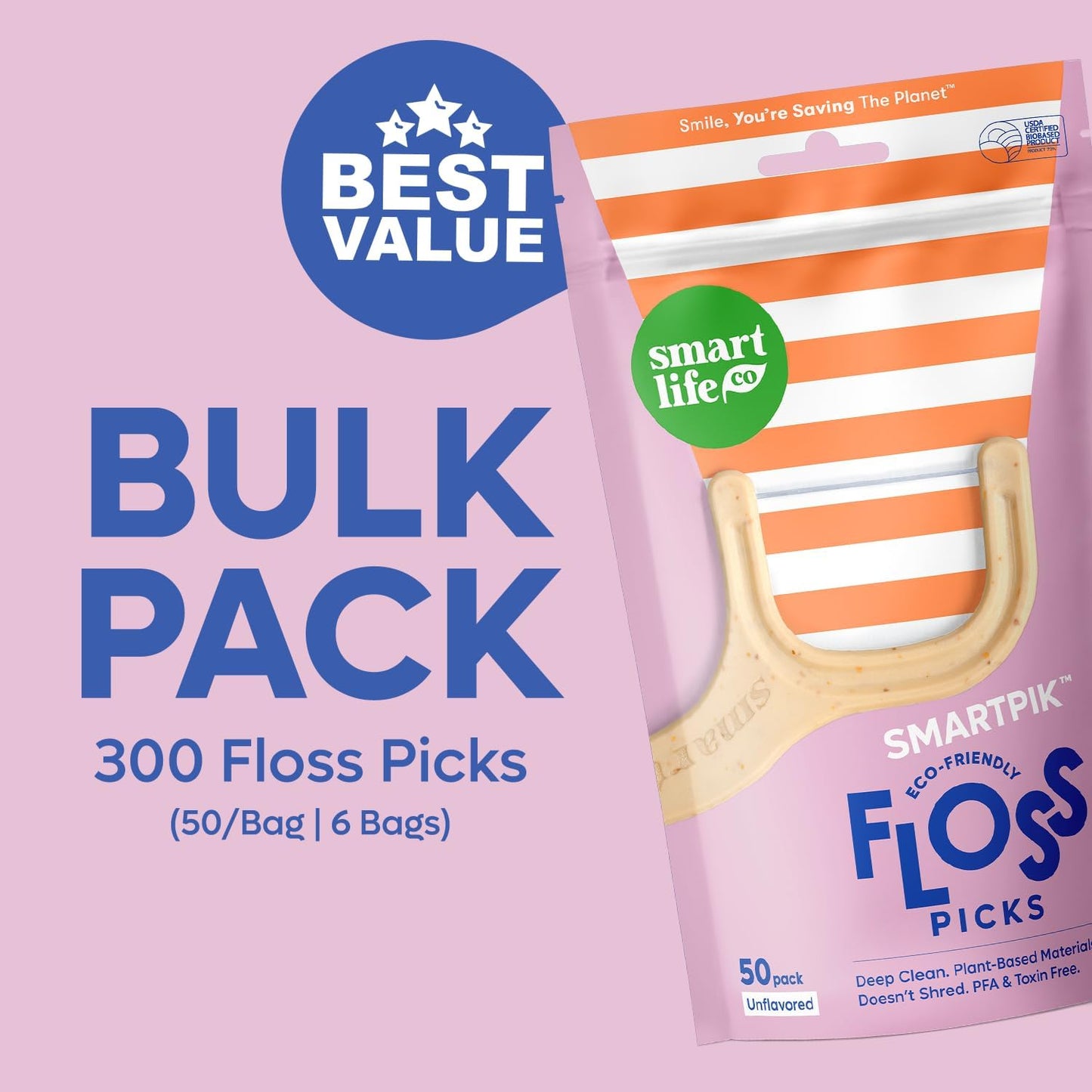 SmartLifeco Eco-Friendly Dental Floss Picks (300ct) - The Original Straw Wheat Flossers, Superior Anti-Shred Thread for Tight Gaps, Zero Waste Tooth Pick for Adults, Soft on Gum & Teeth, Unflavored