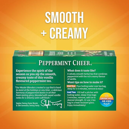 Twinings Peppermint Cheer Herbal Tea Individually Wrapped Bags, 20 Count (Pack of 6), Peppermint & Creamy Vanilla, Naturally Caffeine-Free, Enjoy Hot or Iced, 120 Teabags