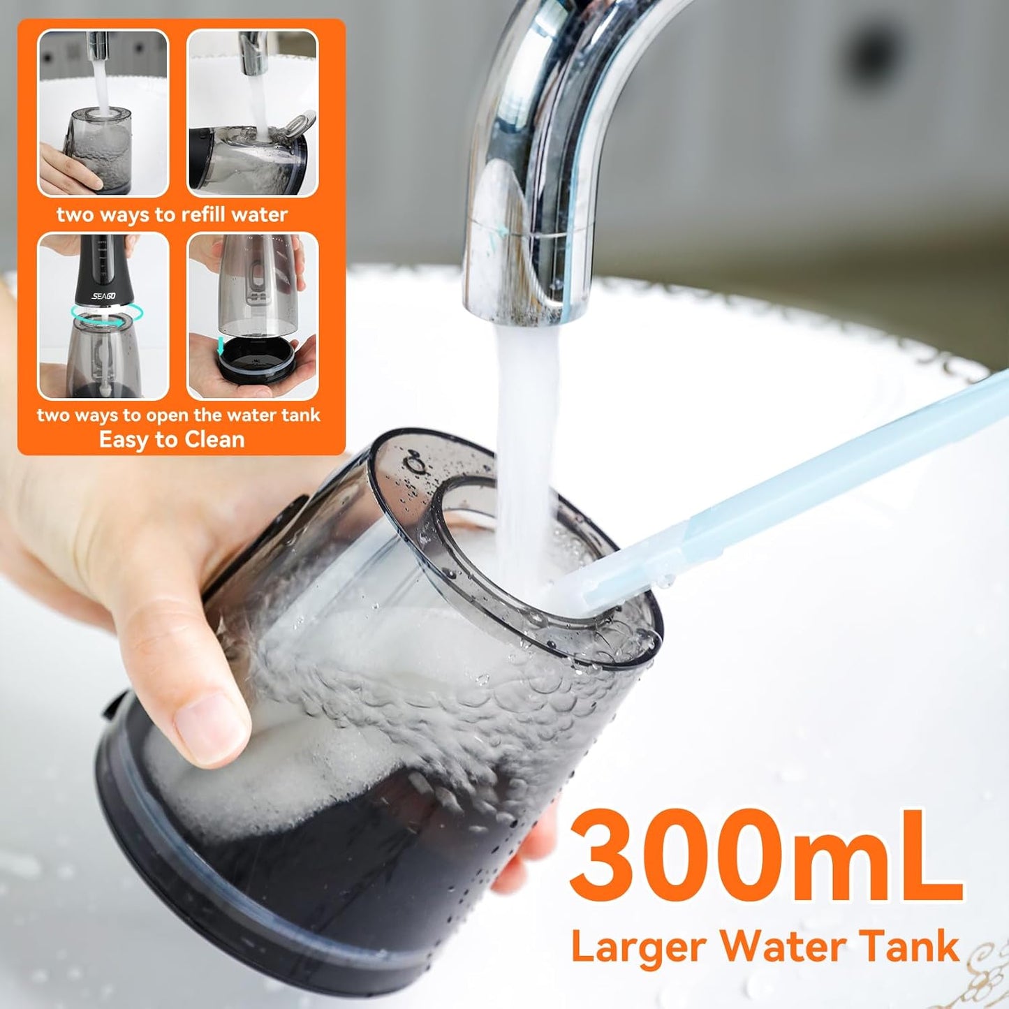 SEAGO Water Dental Flosser Cordless for Teeth, 5 Modes and 7 Nozzles, Dental Water Flosser 300mL, DIY Mode Memory Function, IPX7 Waterproof Dental Flosser, SG8019 Black