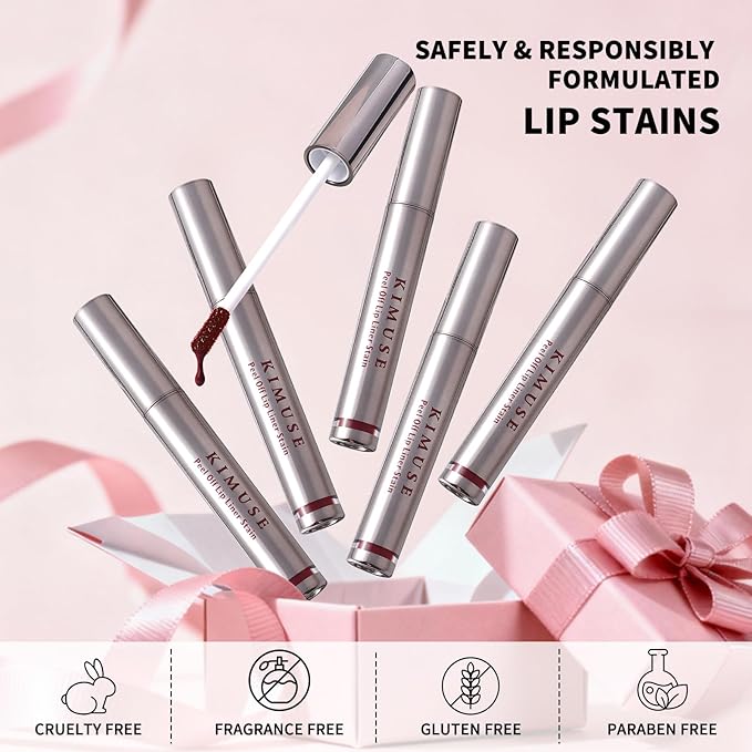 KIMUSE 5Pcs Peel Off Lip Stain, Long Lasting Lip Liner Stain, Waterproof, Transfer-Proof, Smudge-Proof, Highly Pigmented Lip Stain Peel Off Set for All Day Color Hold