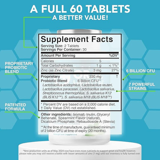 Oral Probiotics for Mouth Bad Breath Treatment for Adults; Dentist Formulated Dental Probiotics for Teeth and Gums Health & Chronic Halitosis with BLIS K12 M18, 60 Chewable Oral Health Tablets Mint