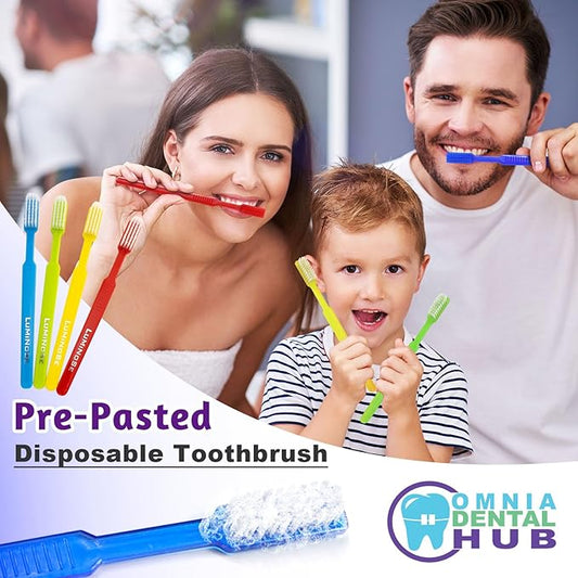 100 PCs Disposable Prepasted Toothbrushes by Omnia ONE | Convenient, Ready-to-Use, Hygienic – Perfect for Travel, Dental Offices, and On-The-Go Oral Care