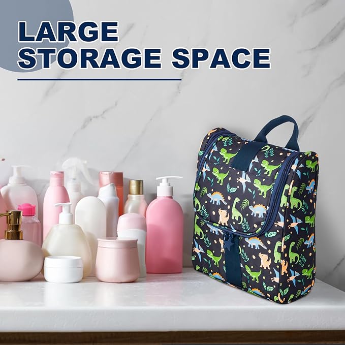 Cute Cartoon Hanging Kids Toiletry Bag Children Travel Cosmetic Makeup Organizer Wash Bag Shower bag Over Night Bag Camping Shaving Kit Bag for Boys & Girls (Dinosaurs)