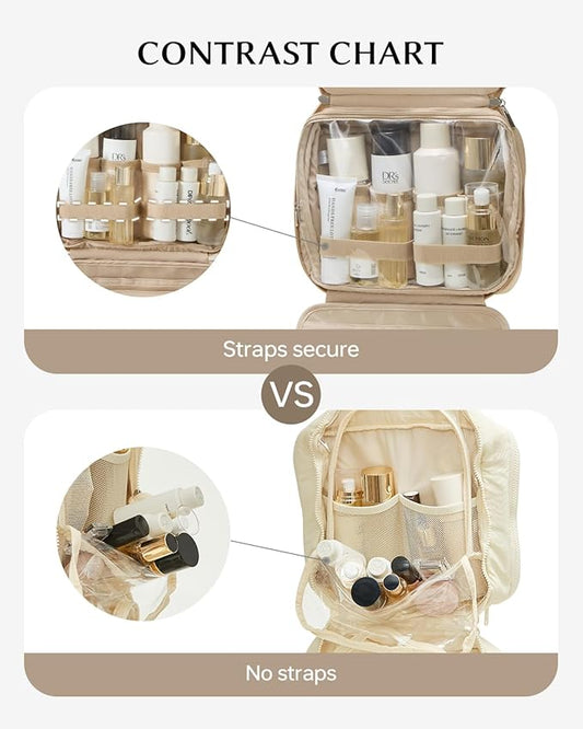 EACHY Travel Toiletry Bag with Hanging Hook, Portable Makeup Cosmetic Bags for Women, Water-Resistant Full-Size Travel Accessories (Pink)