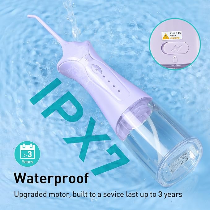 COSLUS Water Dental Flosser Pick for Teeth: 4 Modes Cordless 300ML Larger Tank Portable Water Teeth Cleaner Picks IPX7 Waterproof Flossing Machine for Home Travel Purple C30(FC5360)