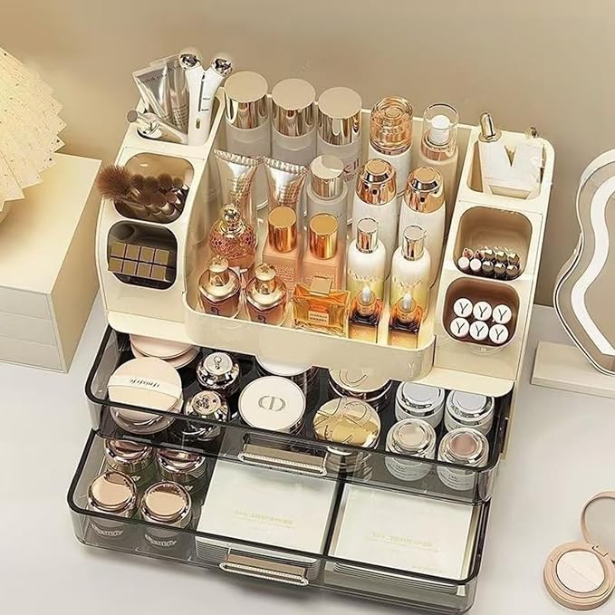 Makeup Organizer with Drawers for Vanity,Bathroom Countertop Organizer with Brushes Holder,Skincare Storage Organizer,Perfect Cosmetic Display Case for Skincare,Lipstick and Beauty Essential (Cream)