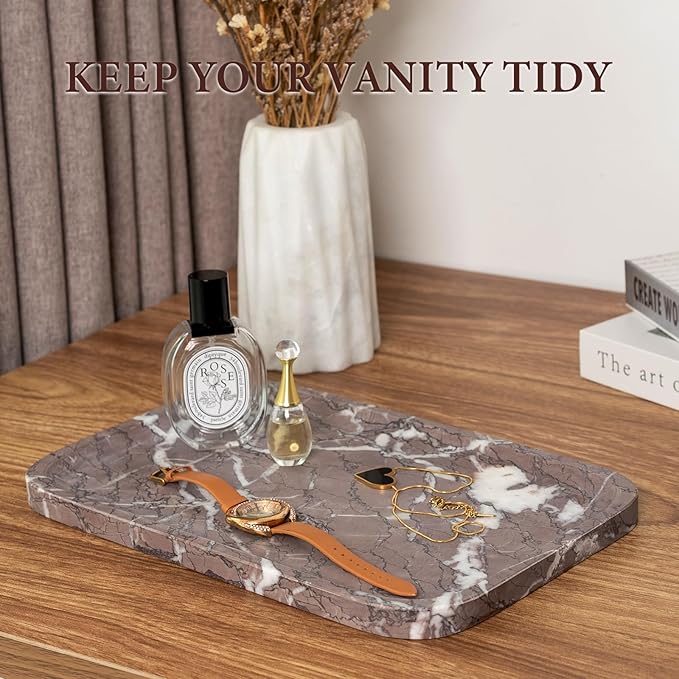 Koville Marble Tray, 12"x8" Marble Vanity Tray for Bathroom Kitchen Countertop, Rectangular Stone Tray for Cosmetics Perfume Trinket, Decorative Catchall Trays (Lilac)