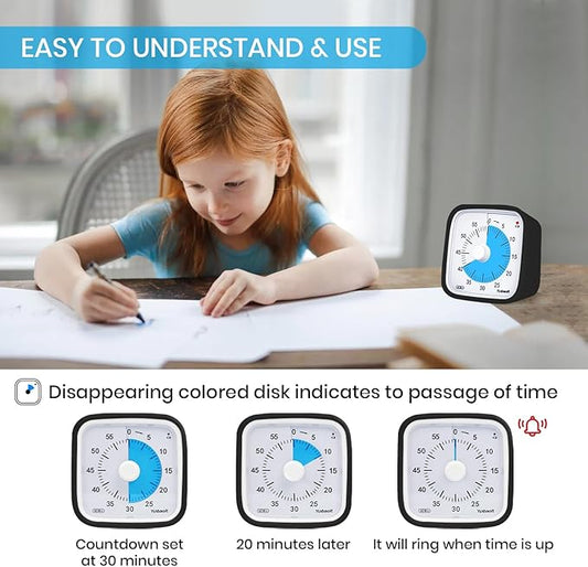 Yunbaoit Upgraded Black Visual Timer with Protective Case, Silent 60 Minute Countdown Timer for Kids and Adults with Low Power Reminder VT01(Black Blue)