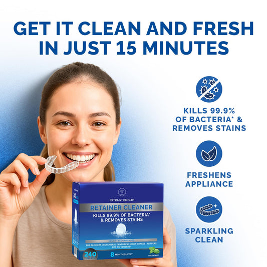 Retainer Cleaner Tablets for Invisalign Approved for Ultrasonic Cleaners -240 Denture Cleaning Tablets for Aligners, Night Guard, Mouth Guard - Denture Cleaner Tablets 8-Month Supply