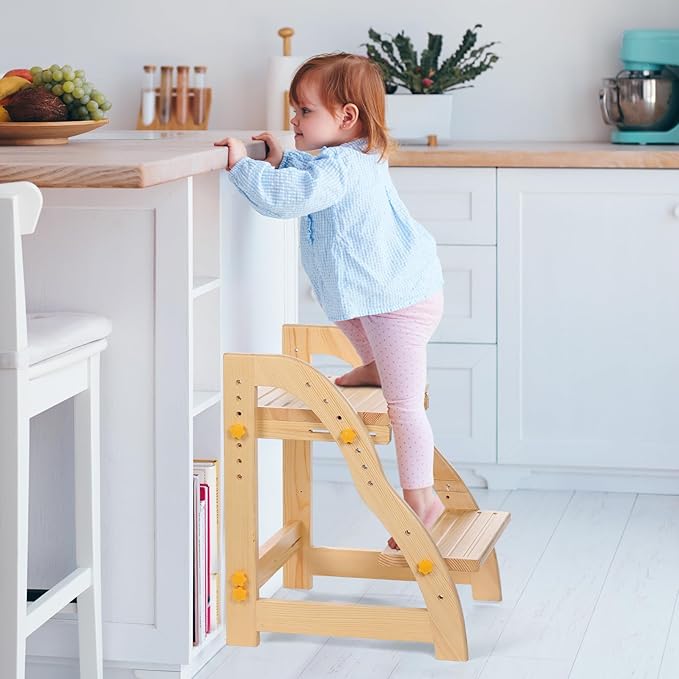 Wooden Step Stool for Kids, Adjustable Toddlers Two Step Stool Wood for Bathroom Kitchen, Non-Slip Beside Stepping Stool with 200 lbs Capacity (Natural Pine)