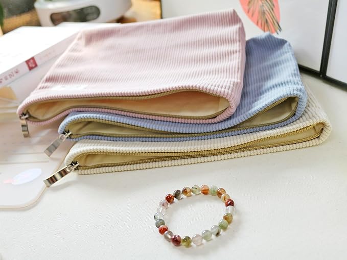 HAPPYHEIDI Large Corduroy Makeup Bag Compartment Cosmetic Toiletry Travel Accessory Pouch Purse Organizer, Soft Creamy Pink