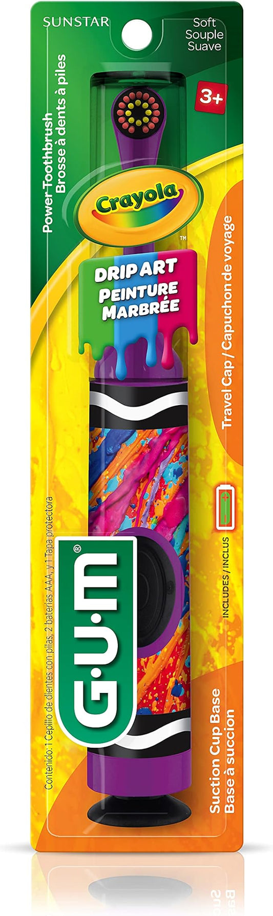 GUM Crayola Drip Art Kids Power Toothbrush, Extra Soft, 1 Count (Pack of 2) with Travel Cap