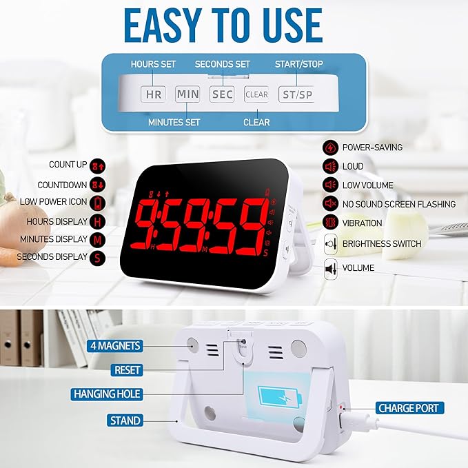 KMMKGGKitchen Timer(1.5" Number) Large Digital Magnetic Timer, Rechargeabilit, Countdown and Countup, 3 Brightness Display, 3 Volume Levels and Vibration Mode, for Cook, Adults Study Teaching(RED)