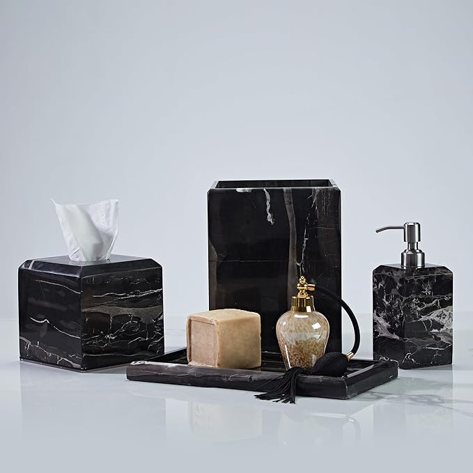 Black Marble Tissue Box Cover for Bathroom, Natural Waterproof Facial Tissue Box, Elegant Square Luxury Heavy Duty Napkin Holder, Toilet Paper Holder for Home Decor, Nightstand, Living Room, Toilet