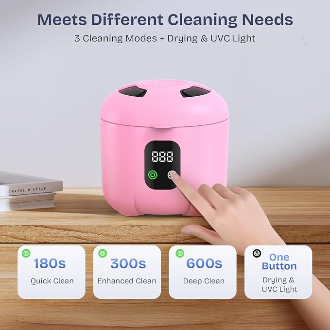 2025 Ultrasonic Retainer Cleaner- 45KHz 25W Portable Denture Cleaner with Drying Function and Removable Inner for Dentures, Mouth Guards, Aligners, Jewelry and More (Pink)