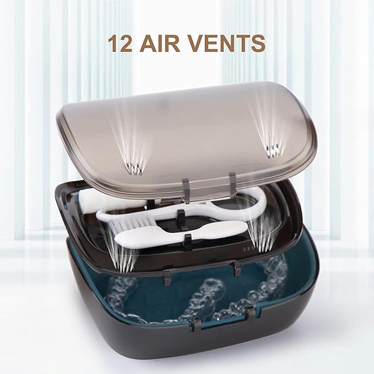 MURRI&MURRDI Retainer Case, Denture Bath Box with Strainer Basket, Mouth Guard Case, Braces Cleaner Cup, Cute Denture Holder Retainer Storage Soak Container for Travel Cleaning (C Black)