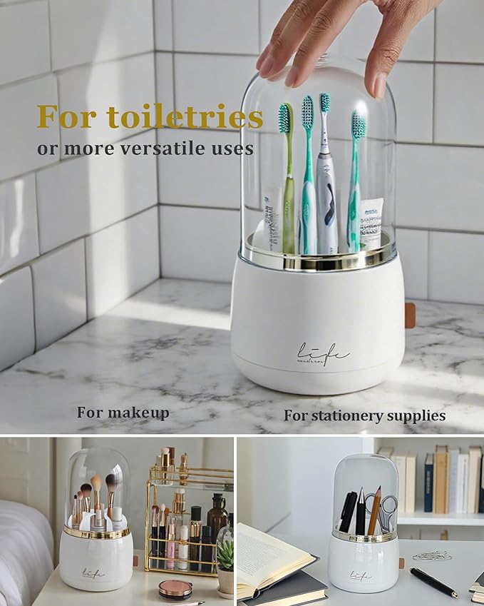 bubooo 360° Rotating Toothbrush Holder for Bathroom - Non-Slip Space-Saving 7-Slot with Cover & Drainage, Electric Toothbrushes/Toothpaste/Razor Organizer for Counter Vanity (White)