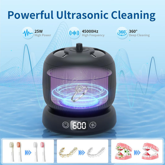 2025 Upgraded Ultrasonic Retainer Cleaner Machine,Separate Retainer Cleaner for Night Guards, Braces, Aligner, Toothbrush, Jewelry, 4 Modes Denture Cleaner & Removable Base and Top Cover(Black)