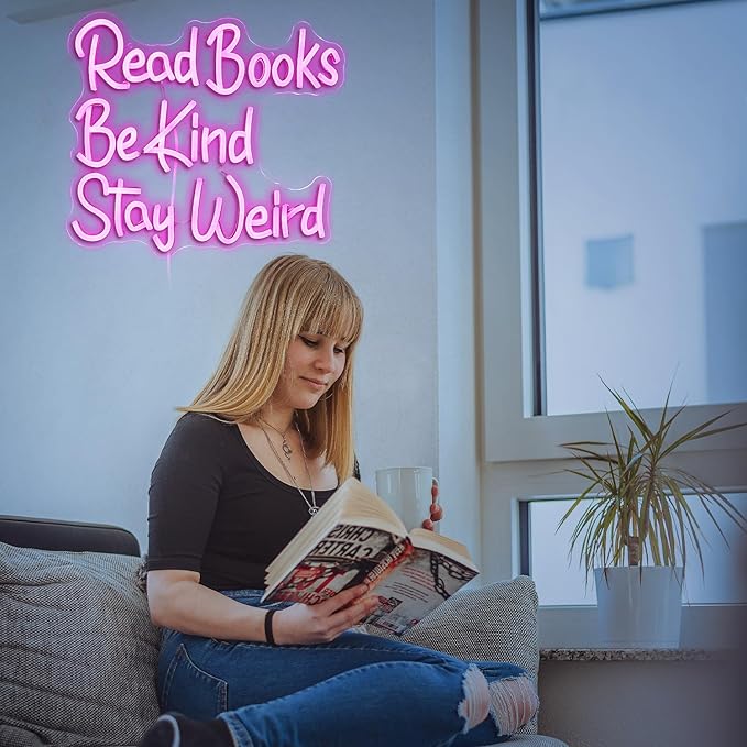Read Books Be Kind Stay Weird Neon Sign USB Powered Pink Words LED Light Up Sign for Wall Decor Dimmable LED Read Kind Neon Light for Reading Room Bookstore School Library Book Lover Gifts