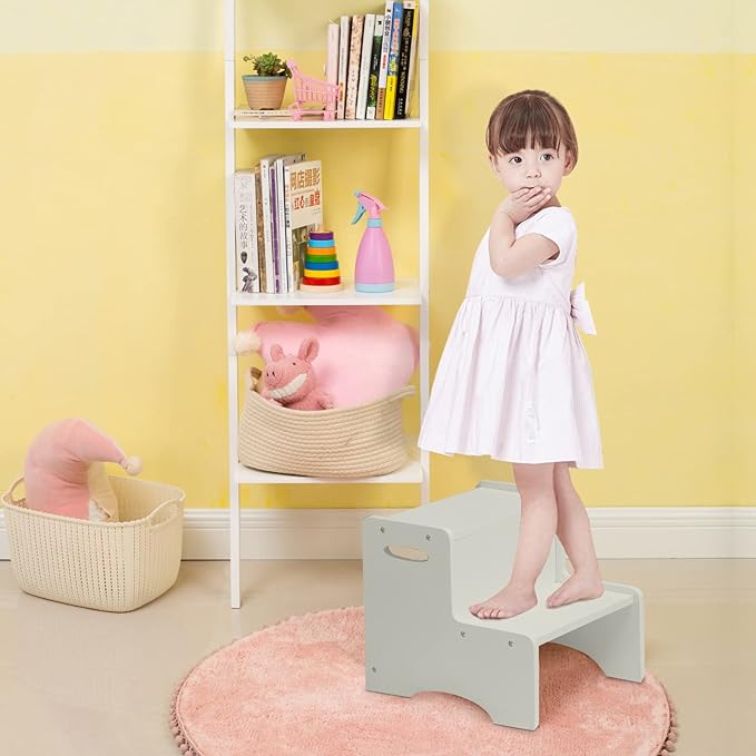 WOOD CITY Wooden Toddler Step Stool for Kids, Grey Two Step Children's Stool with Handles, Bonus Non-Slip Pads for Safety, Bathroom Potty Stool & Kitchen Step Stools Dual Height…
