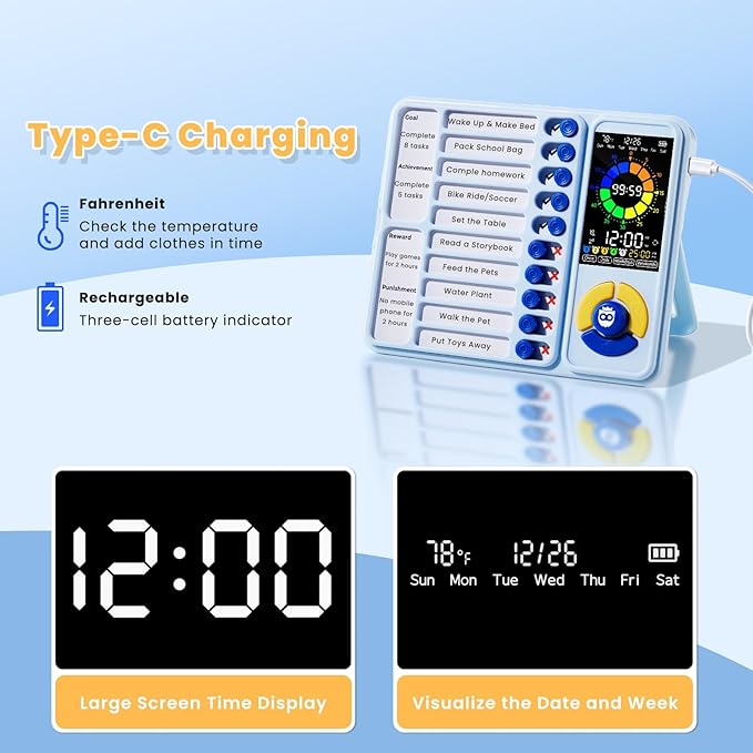 Mooking 5-in-1 Visual Timer, ADHD Tool for Kids|Adults, Visual Schedule for Kids with Autism, 12/24 Task Timer & Chore Chart Board, ADHD Tools with Daily Checklist for Home, School, Classroom - Blue