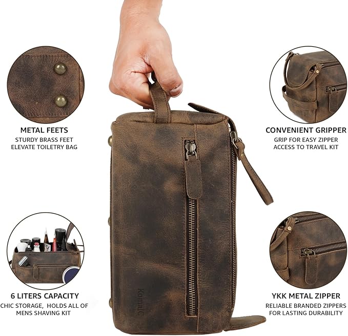 KomalC Premium Buffalo Leather Toiletry Bag for Men & Women – Leather Dopp Kit With Water resistant Lining, Premium Toiletry Travel Pouch, Unisex Wash Bag for Toiletries, Gifts for Men and Women