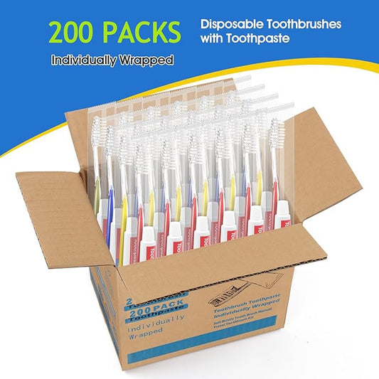 Homvle 200 Packs Disposable Toothbrushes with Toothpaste, Individually Wrapped Travel Toothbrush and Toothpaste Buld for Travel Size Toiletries, OCC, Airbnb, Dentist, Office/4 Colorful