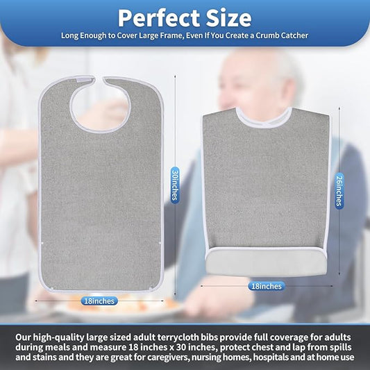 3 Pack Premium Unisex Adult Bibs for Elderly Women Men, Waterproof Bib for Eating, Adjustable and Washable (Grey)