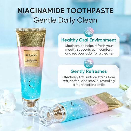 BodyAccel Niacinamide Whitening Toothpaste, Niacinamide Intensive Whitening Toothpaste with Natural Gentle Care Deep Stain Removal Clean Peach Flavor, Improves Gum Health, Fresh Breath (1)