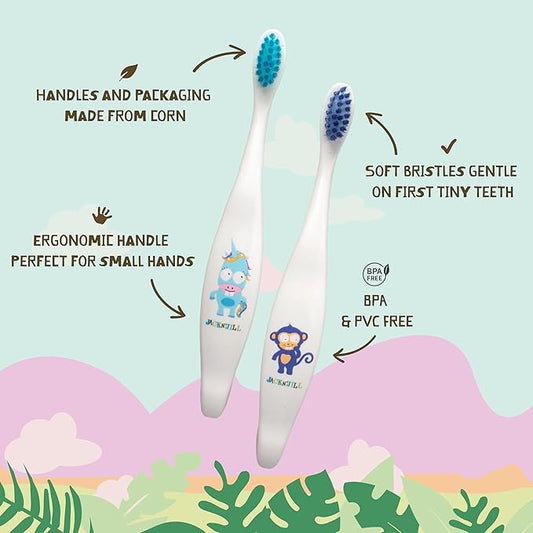 Jack N' Jill Baby & Toddler Toothbrush - 12 Months & Up, Age 2-4, Natural, Soft, Non Toxic, Cornhusk Handle, Kids Toothbrushes for Girls & Boys - Assorted Characters (4 Pack)