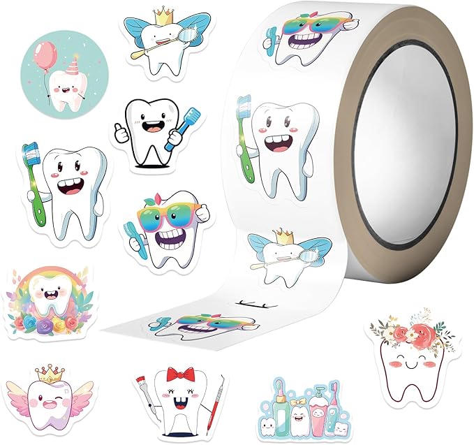 500PCS Teeth Stickers for Kids 10 Styles Sticker Rolls Cartoon Teeth Fairy Stickers Tooth Party Favors Waterproof Vinyl Stickers(500 Per Roll)
