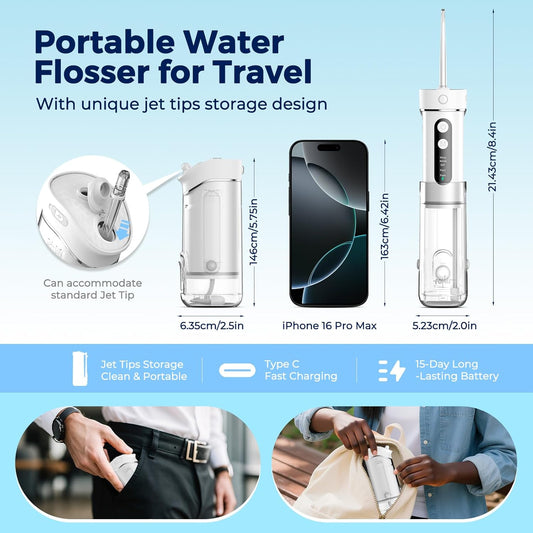Portable Water Flosser for Teeth Travel – FOMIS Mini Water Flosser with 5 Mode, 5 Nozzles, 180ML Collapsible Tank, Smart Timer, IPX7 Waterproof Cordless Oral Irrigator for Brace & Sensitive (White)