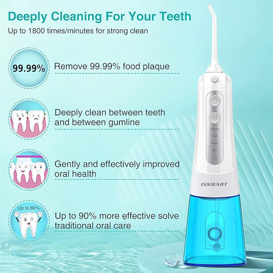Cordless Water Dental Flosser Teeth Cleaner, INSMART Professional 300ML Tank DIY Mode USB Rechargeable Dental Oral Irrigator for Home and Travel, IPX7 Waterproof 4 Modes Irrigate for Oral Care