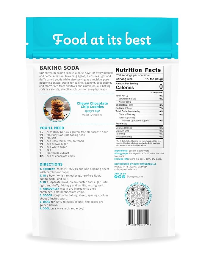 Quay Naturals Pure Baking Soda 1lb - Aluminum-Free, Food-Grade, Multi-Purpose - For Baking, Cleaning & Deodorizing - Vegan, Gluten-Free
