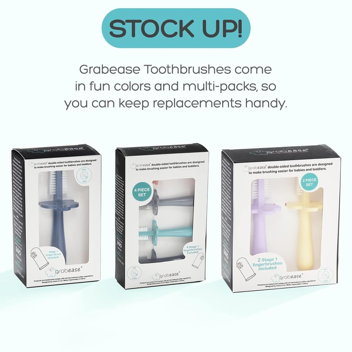 grabease Baby Toothbrush Double-Sided - Training Set with Silicone Finger Brush & Toddler Toothbrush - Safety Tray & Soft Bristles - Pack of 2, Lavender/Yellow