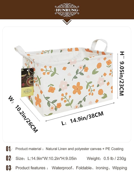HUNRUNG Rectangle Storage Basket Cute Canvas Organizer Bin for Pet/Children Toys, Books, Clothes Perfect for Rooms/Playroom(Rec-Orange Flower)