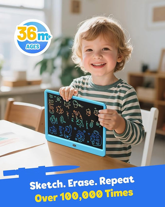 TEKFUN LCD Writing Tablet for Kids Boys Toys, 12 Inch Erasable Doodle Board Colorful Doodle Pad, Mess Free Coloring Board Games Toys Gifts for Toddlers Boys Adults (Blue)
