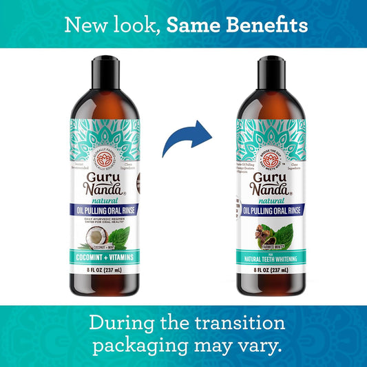 GuruNanda CocoMint Oil Pulling Mouthwash for Complete Oral Hygiene, 7 Essential Oils & Vitamins for Happy Teeth & Gums & Fresh Breath, with 2 Toothbrushes & 2 Tongue Scrapers, Alcohol-Free, 3X8 oz