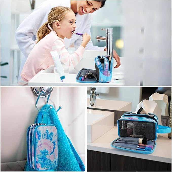 Kids Toiletry Bag for Girls, Travel Toiletry Bag for Teen Girls Cosmetic Bag Makeup Bag Waterproof Hanging Wash Bag Toiletries, Tie Dye Blue